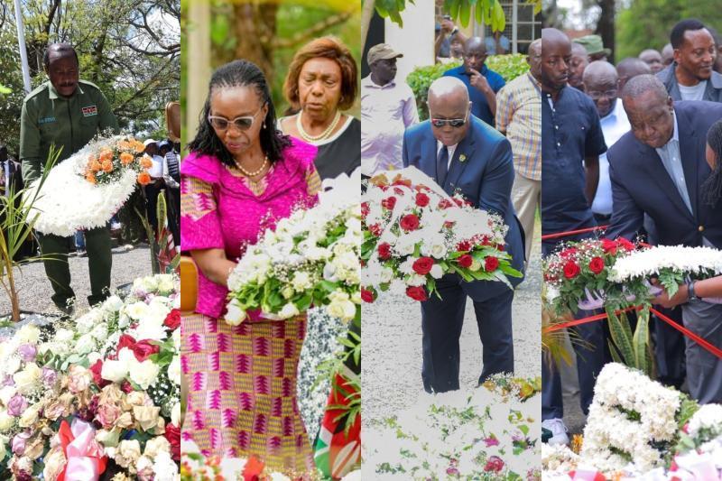 Collage photo of leaders at Raila Odinga's gravesite in Bondo, Siaya County.